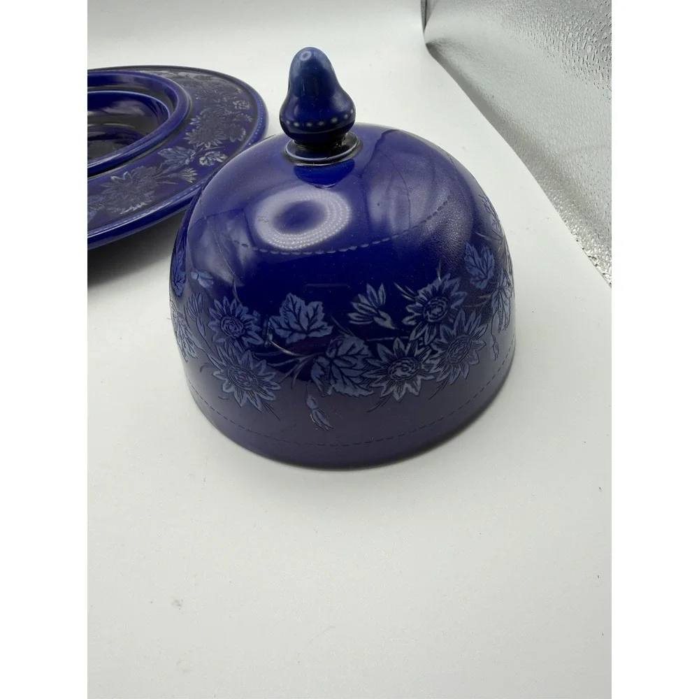 Antique Wedgwood Cobalt Blue Covered Cheese Dish Floral Jasperware England